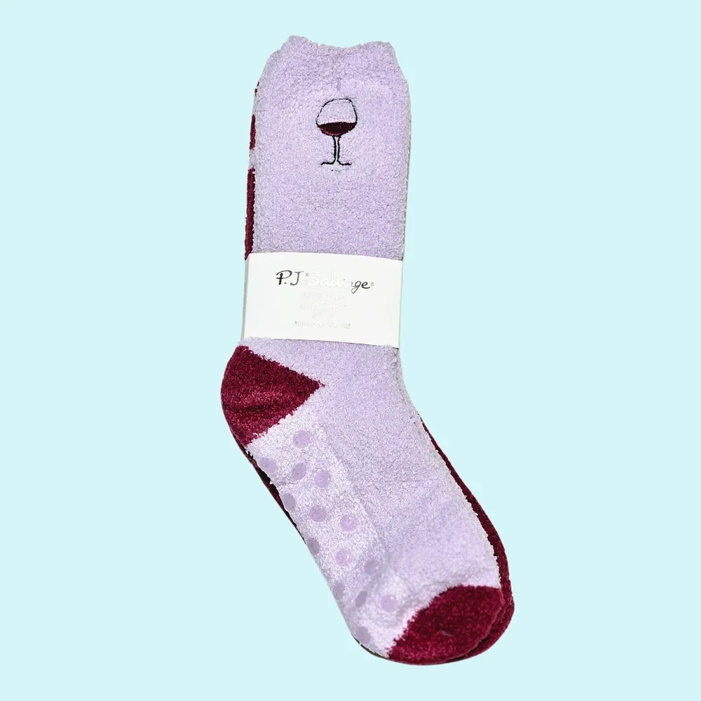 PJ Salvage Socks Pink Lilac Fuzzy Fun Wine Holiday Christmas Cottagecore Gift